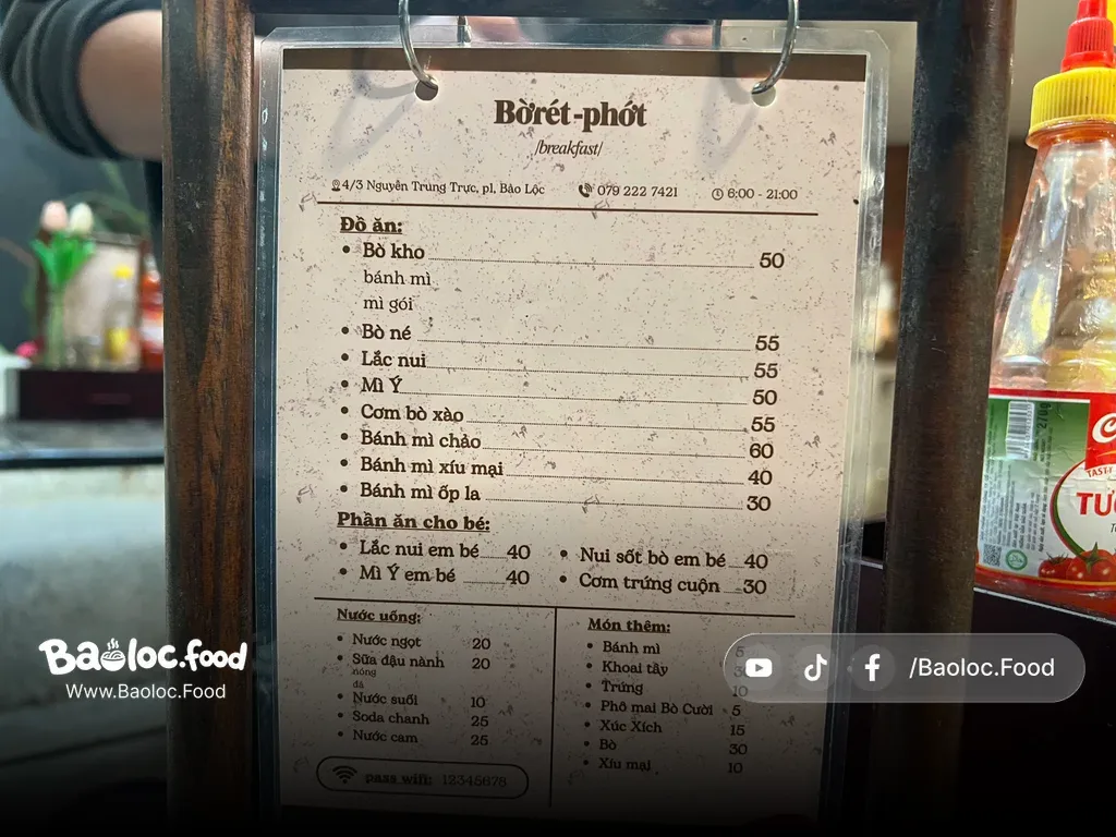 Menu có giá tại Bờ-rét-phớt Bảo Lộc ở 4/3 Nguyễn Trung Trực, phường 1